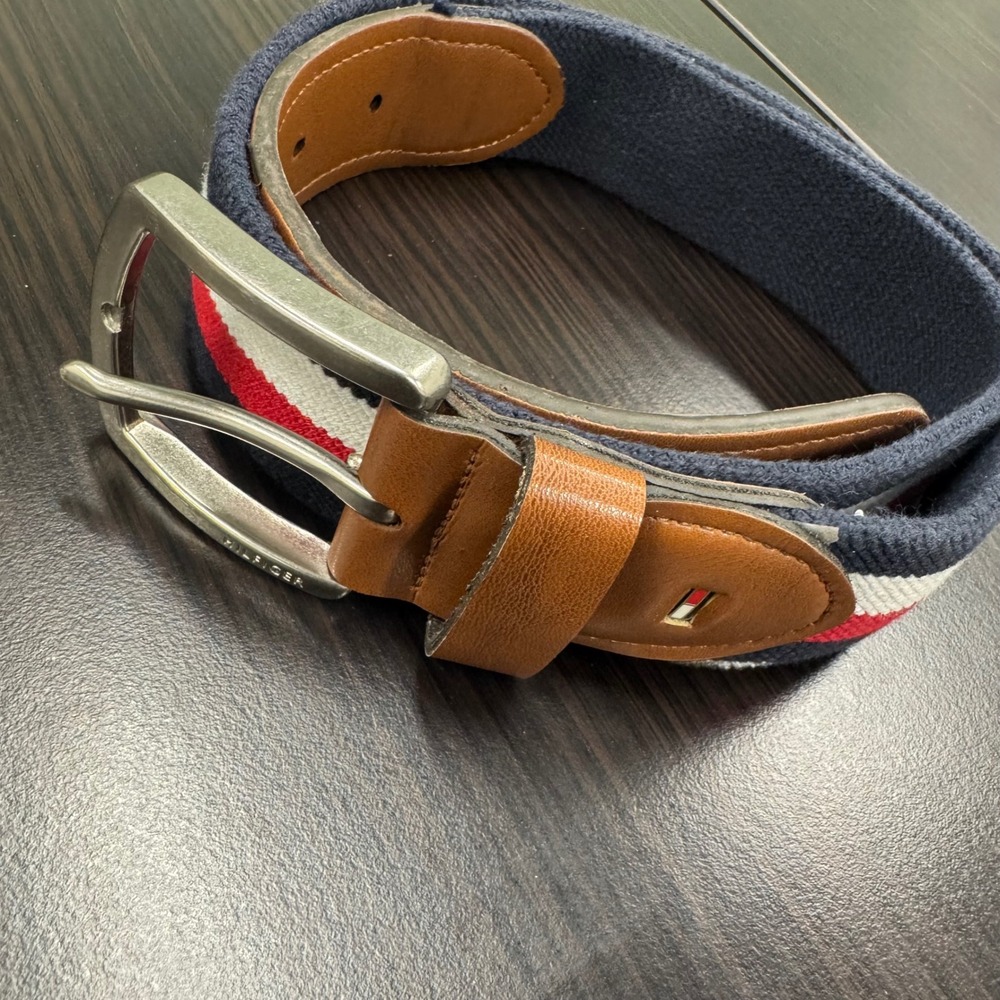 Tommy Hilfiger Belt Mens 32 Navy Blue Red White Striped Excellent Webbed Ribbon